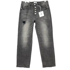 I & M Women's Crop Mom Jeans Size 13 Distressed Stretch High Rise Dark Grey NWT